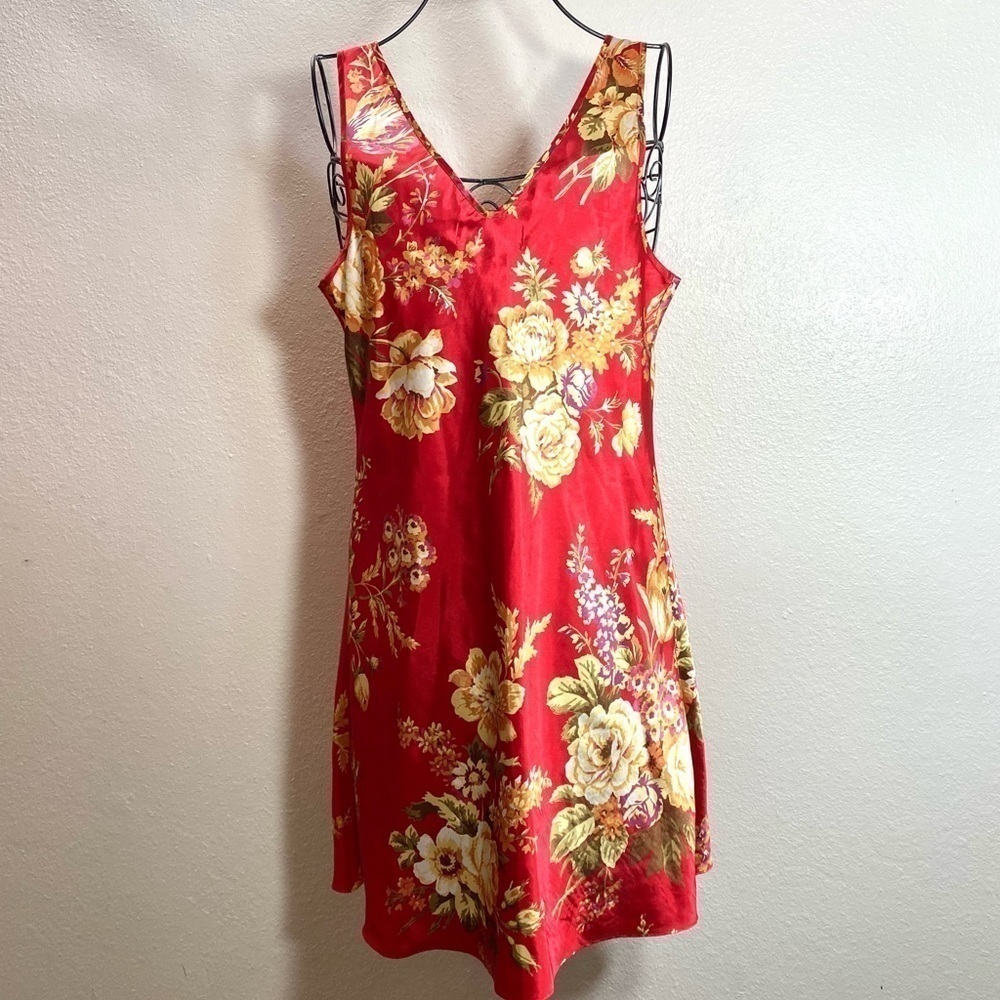 Vintage Miss Elaine red silk like floral slip dress size M